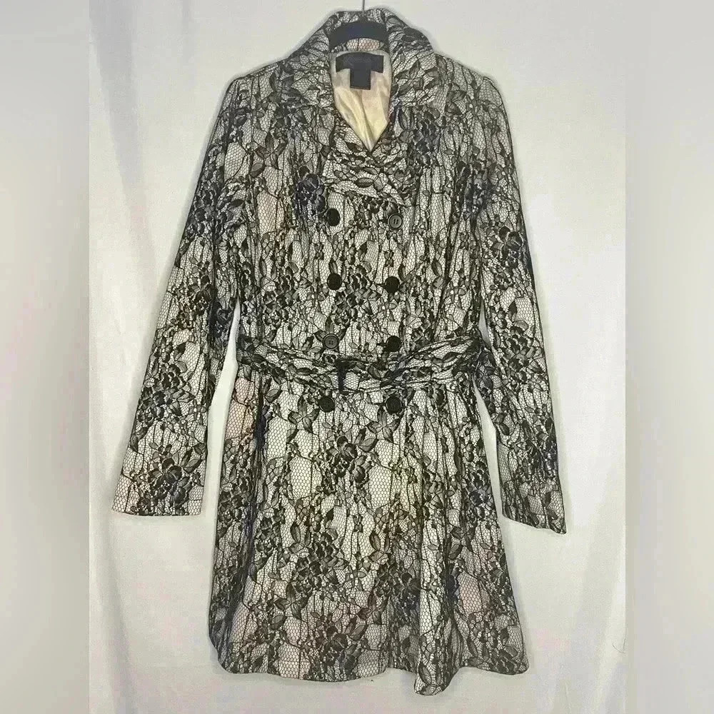 Kardashian Kollection Womens Lace Trench Coat Size L Black Cream Belted